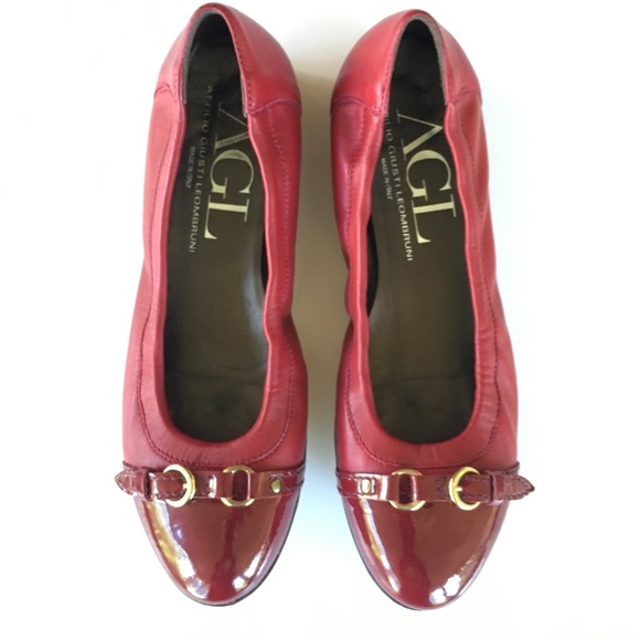 Agl Shoes - AGL Cap Toe Ballet Flats Red Burgundy Leather